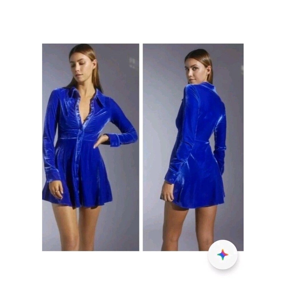 Urban Outfitters Nellie Ruched Velvet Button Shirt Dress Royal Blue Sz Small